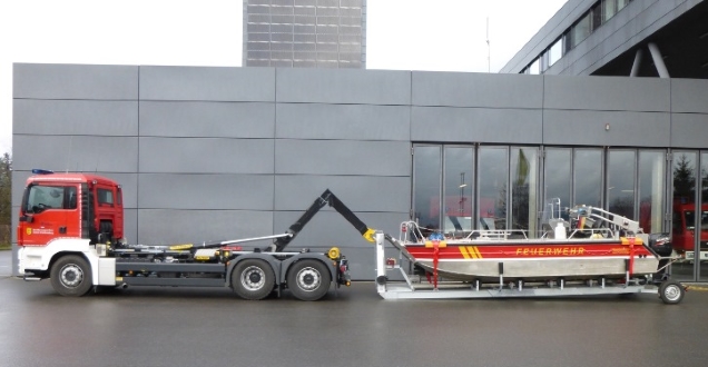 Abrollbehälter Mehrzweckboot (Foto: Feuerwehr Heidelberg) Abrollbehälter Mehrzweckboot (Foto: Feuerwehr Heidelberg)